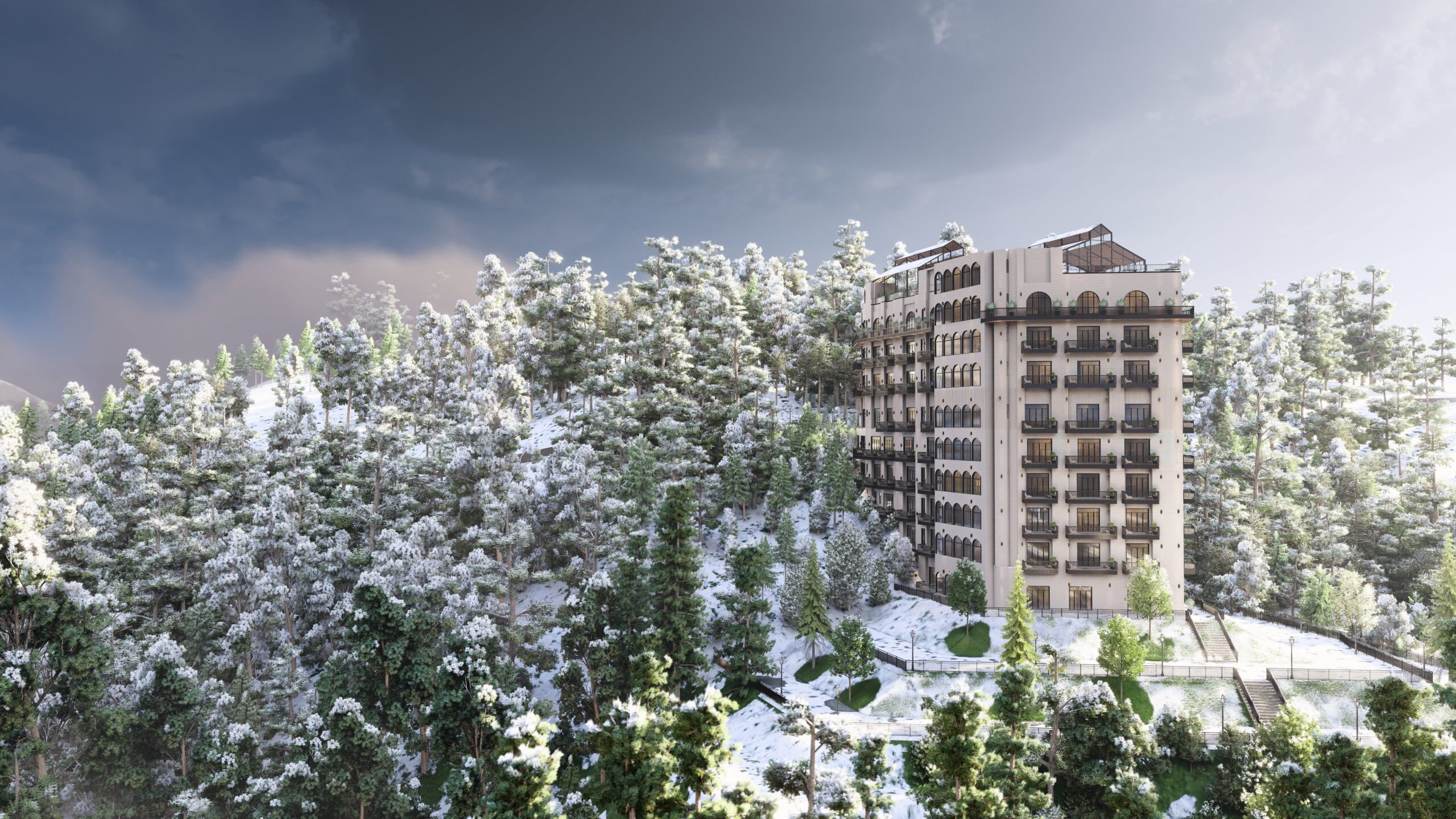Serene Heights Nathia Gali winter resort amid snow-covered pine forests